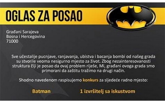 Sarajevo: Traži se Betmen sa iskustvom!